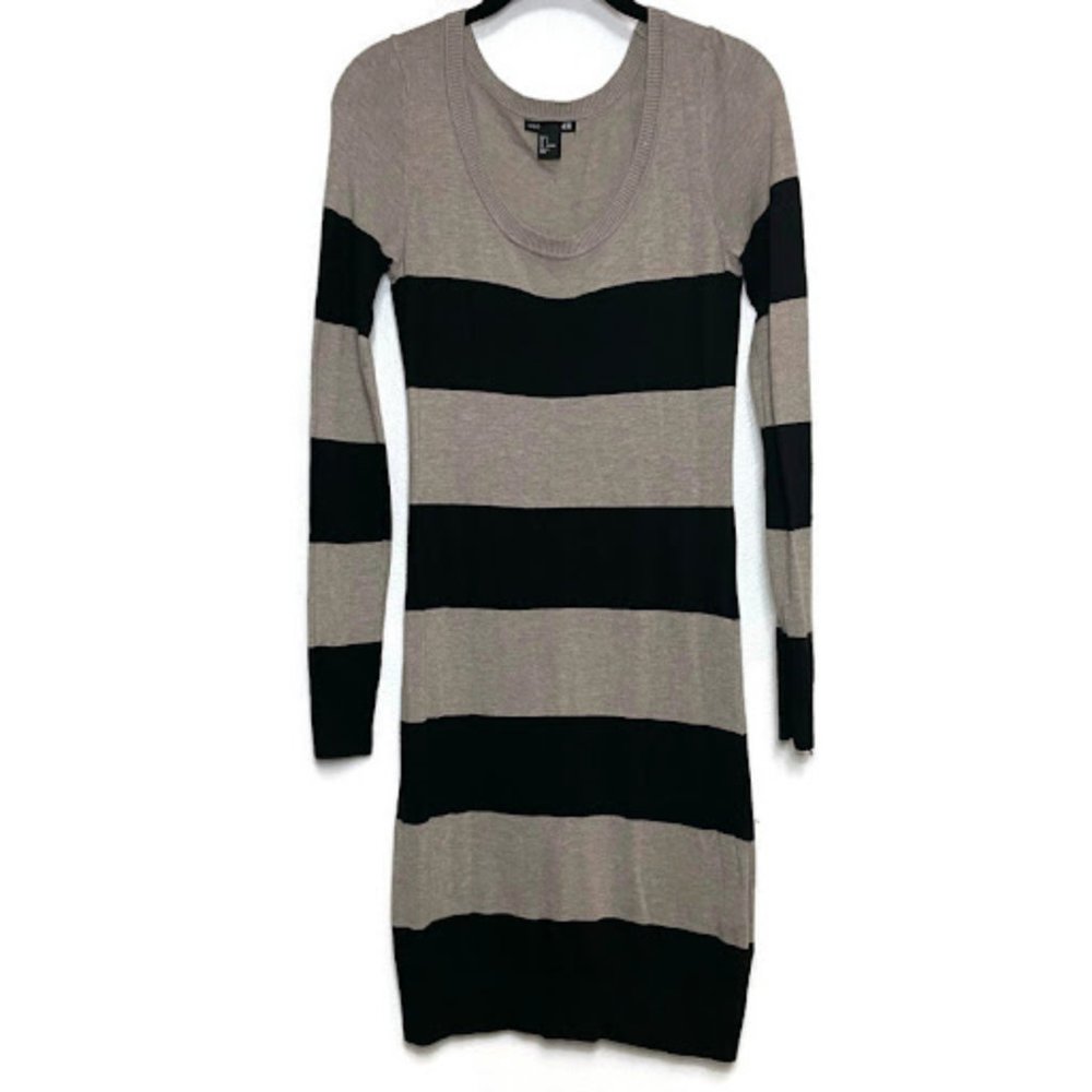 H&M Women's Black &  Grey Tan Striped Long Sleeved Sweater Dress Size Small